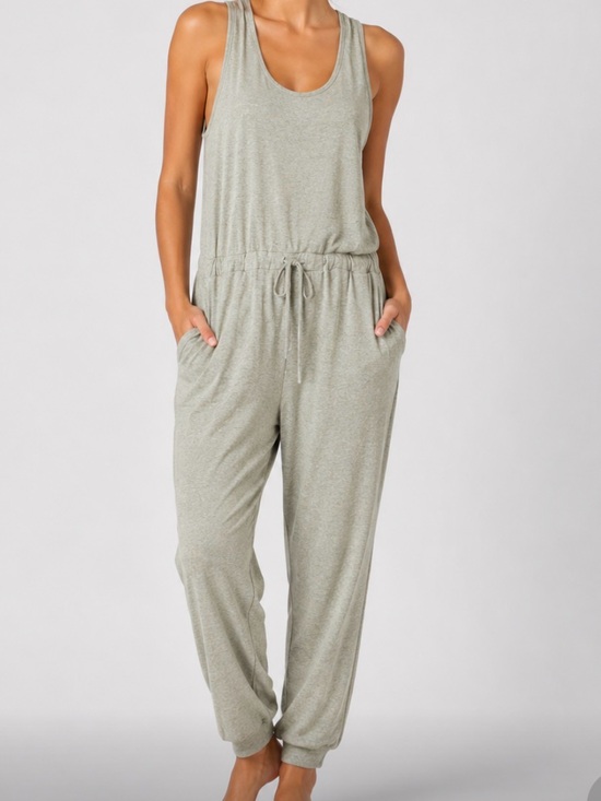 7 For All Mankind Pants - 7 For All Mankind Sleeveless Drawstring Jumpsuit in Light Sage